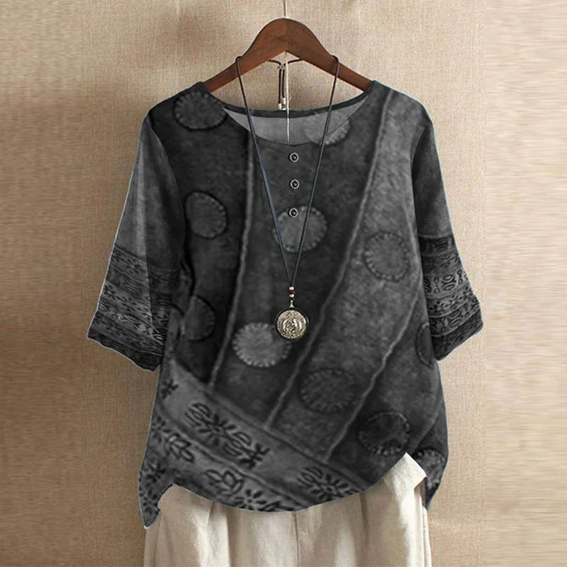 Anya Women's Boho Print Relaxed Half Sleeve Blouse in Gray
