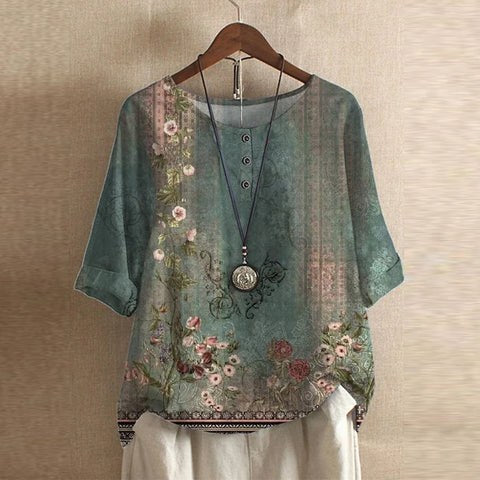Anya Women's Boho Print Relaxed Half Sleeve Blouse in Green