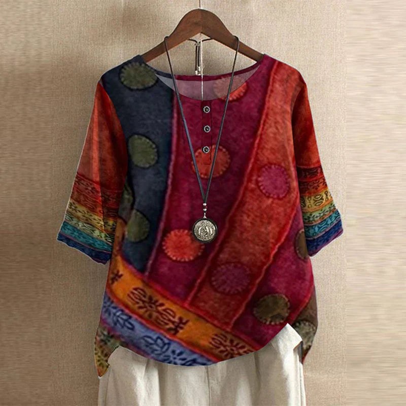 Anya Women's Boho Print Relaxed Half Sleeve Blouse in Red