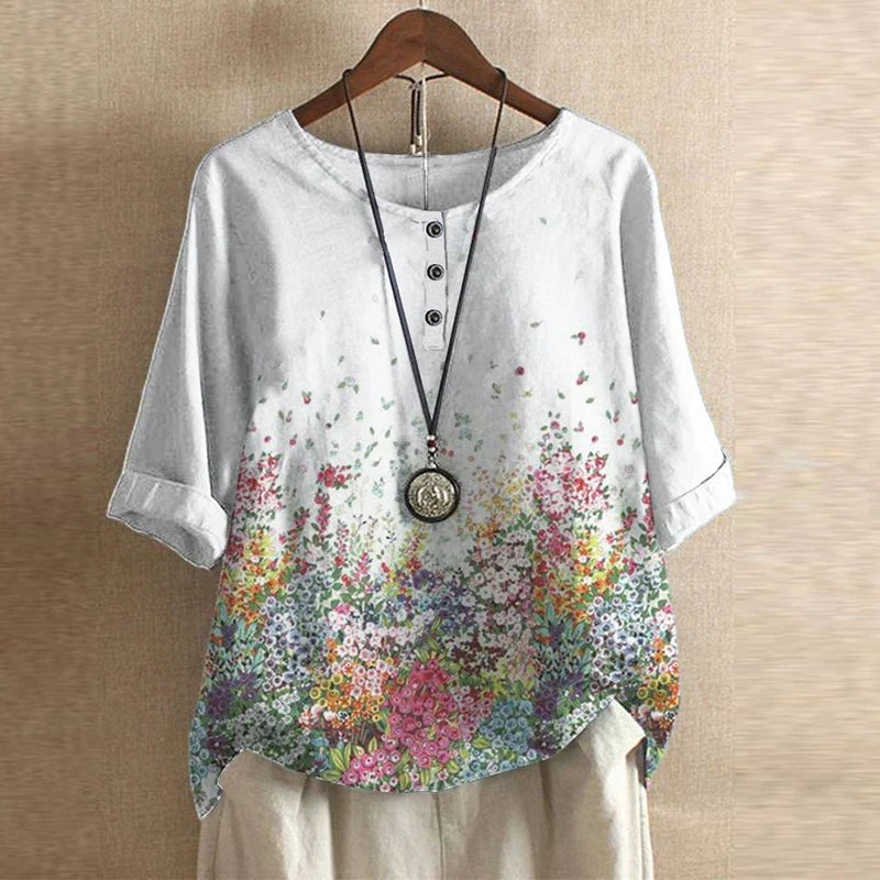 Anya Women's Boho Print Relaxed Half Sleeve Blouse in White