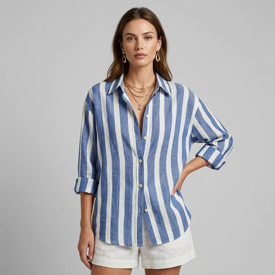 Aria Striped Button-Down Shirt in Cobalt