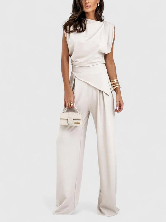 Aria Women's Draped Sleeveless Top Wide Leg Trousers Set in Beige