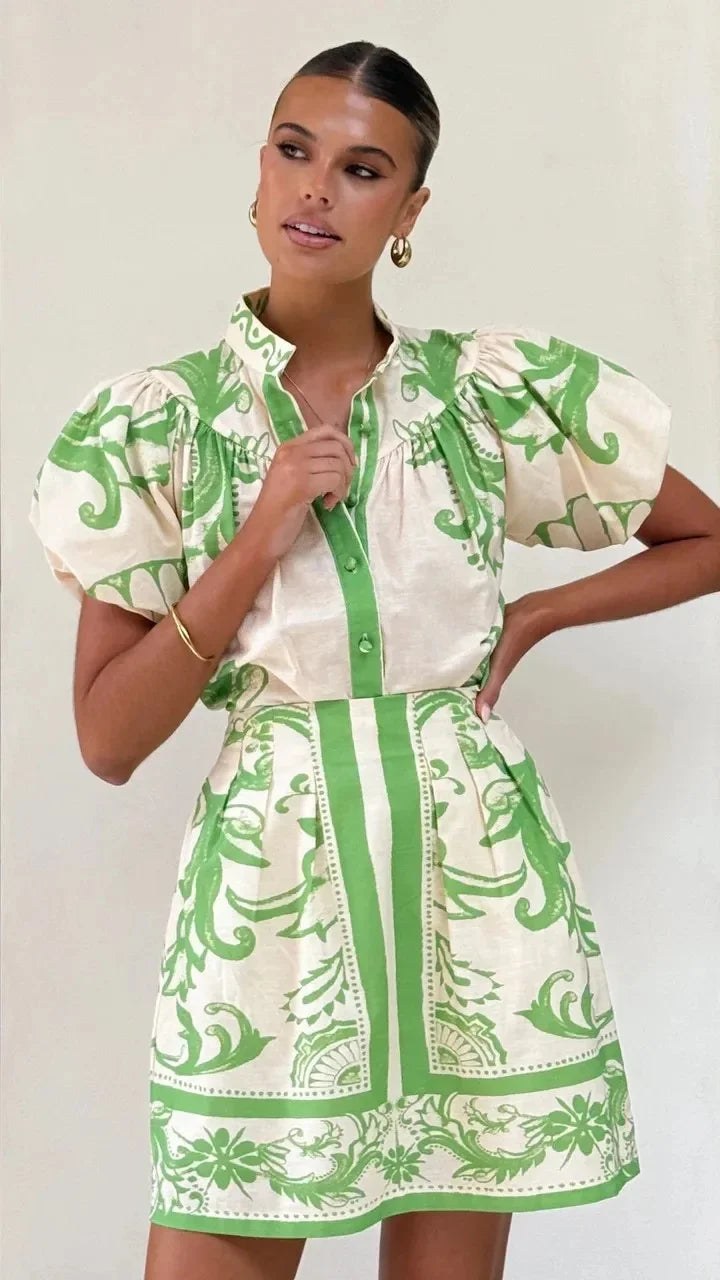 Aria Women's Floral Print Puff Sleeve V-Neck Set in Lime Green