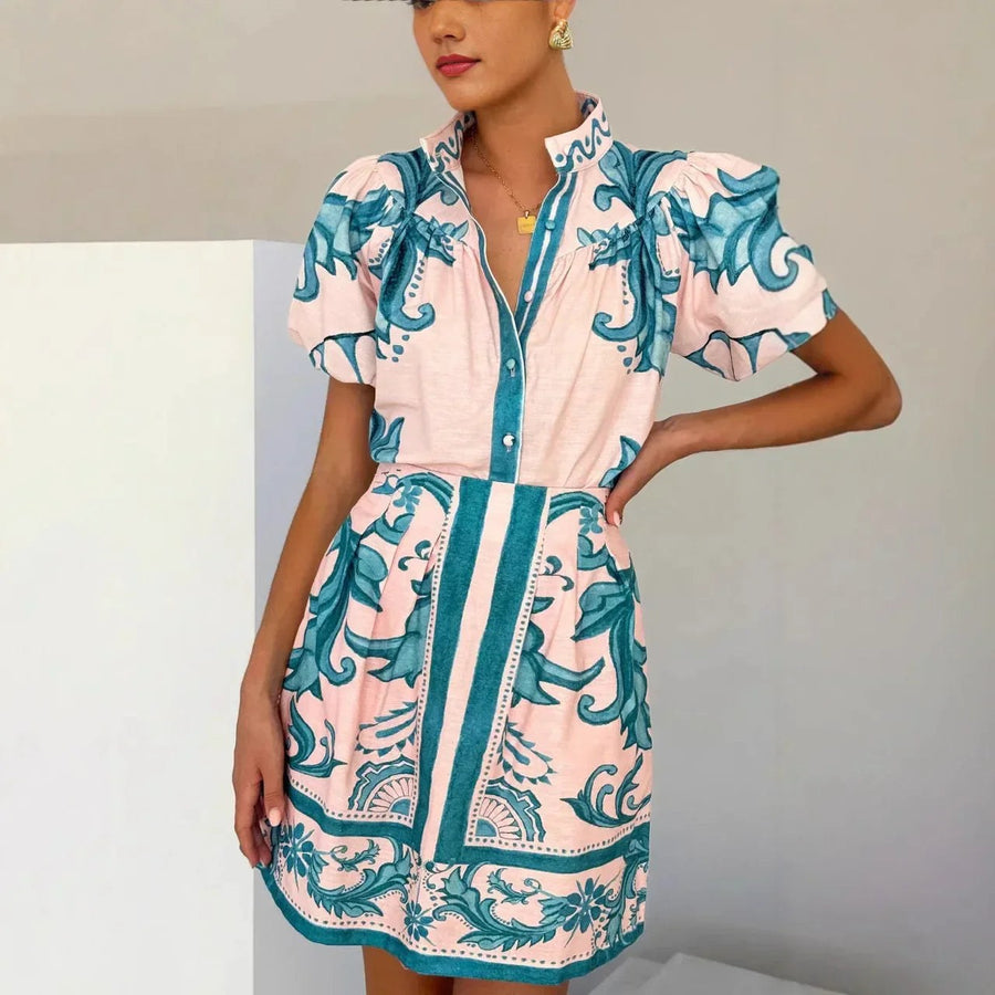 Aria Women's Floral Print Puff Sleeve V-Neck Set in Red