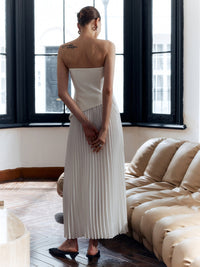 Aria Women's Pleated Strapless Maxi Dress Side Split Elegant in White