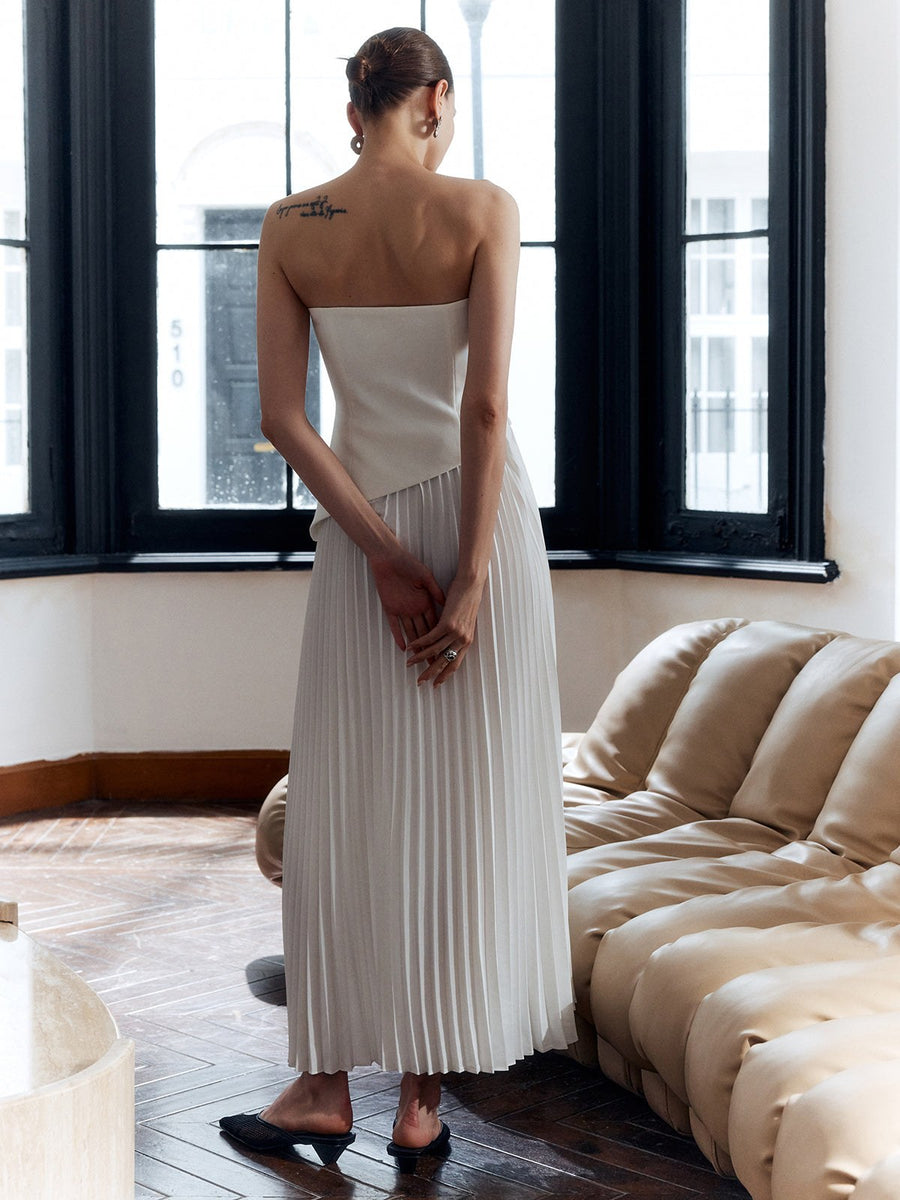 Aria Women's Pleated Strapless Maxi Dress Side Split Elegant in White