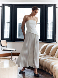 Aria Women's Pleated Strapless Maxi Dress Side Split Elegant in White