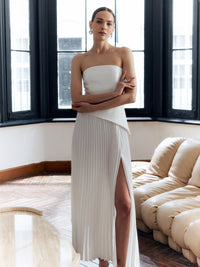Aria Women's Pleated Strapless Maxi Dress Side Split Elegant in White