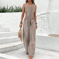 Aria Women's Sleeveless Wide Leg Jumpsuit V-Neck Tie Waist Print in Beige