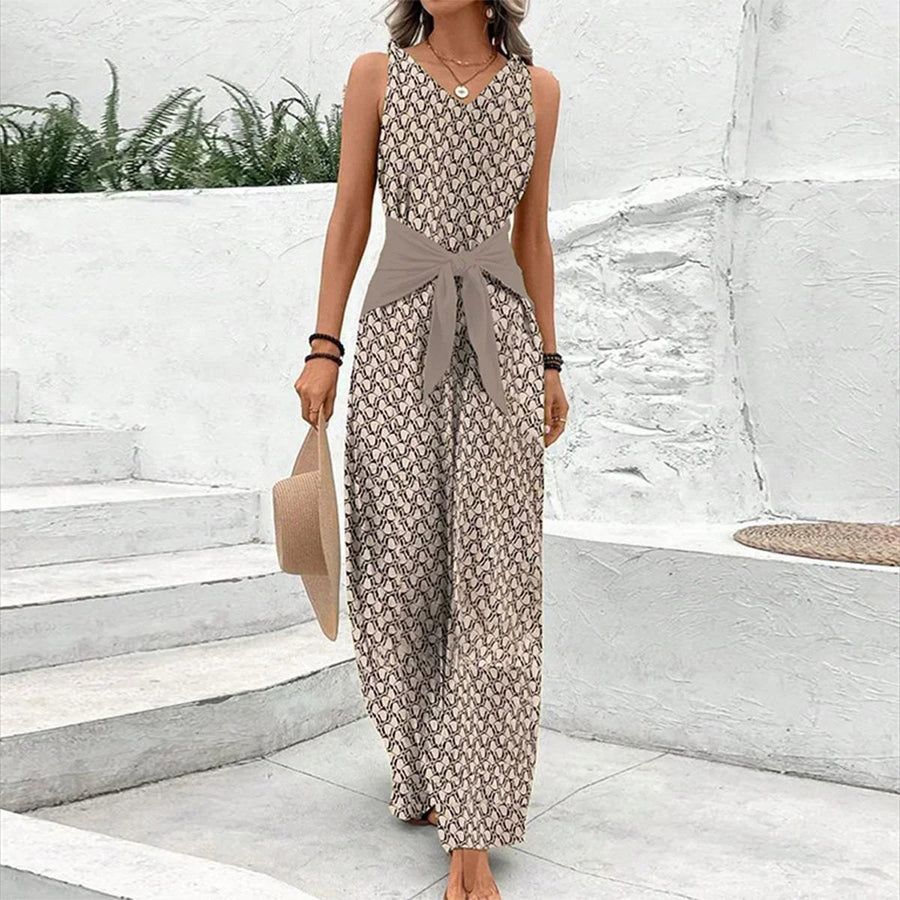 Aria Women's Sleeveless Wide Leg Jumpsuit V-Neck Tie Waist Print in Beige