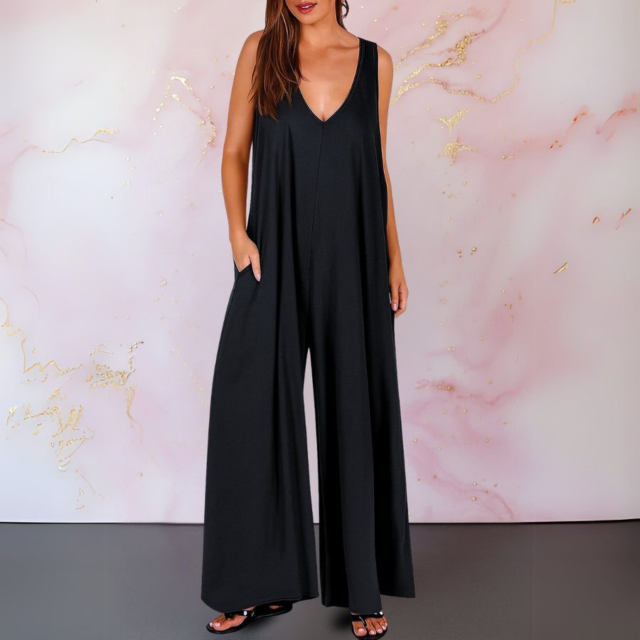 Aria Women's Wide Leg Sleeveless Jumpsuit V-Neck in Black