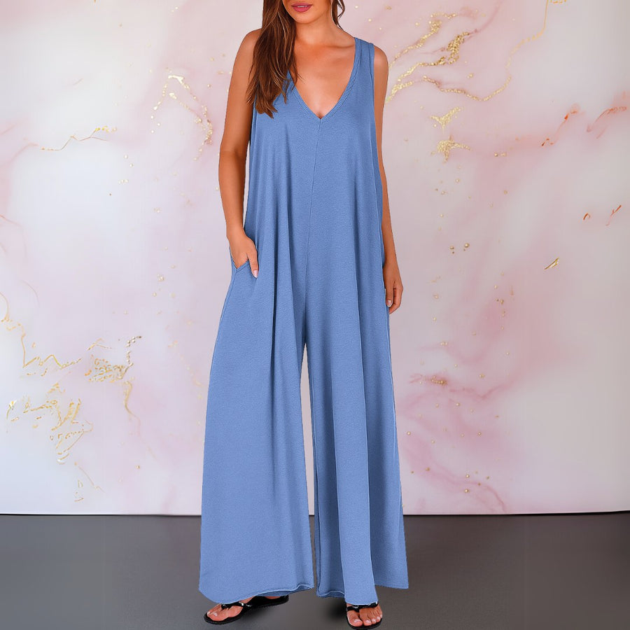Aria Women's Wide Leg Sleeveless Jumpsuit V-Neck in Blue
