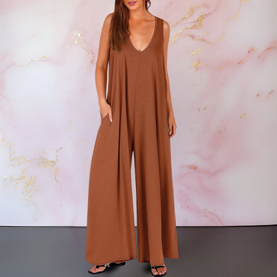 Aria Women's Wide Leg Sleeveless Jumpsuit V-Neck in Brown