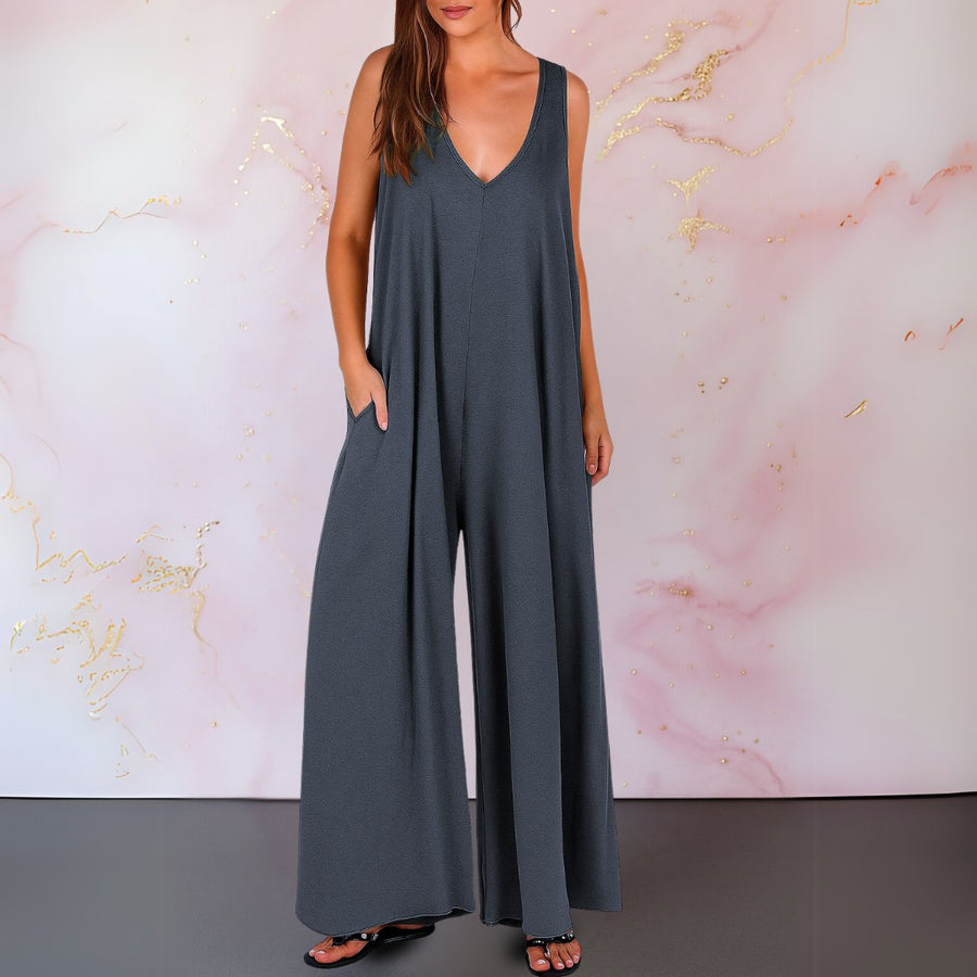 Aria Women's Wide Leg Sleeveless Jumpsuit V-Neck in Grey