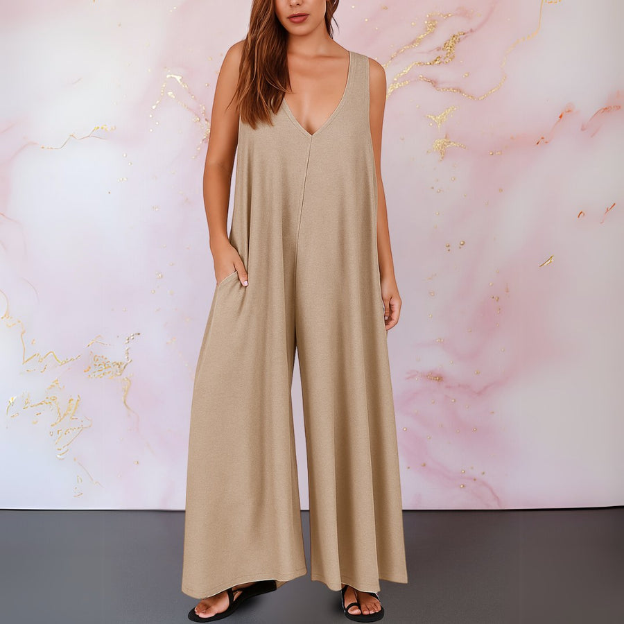 Aria Women's Wide Leg Sleeveless Jumpsuit V-Neck in Khaki