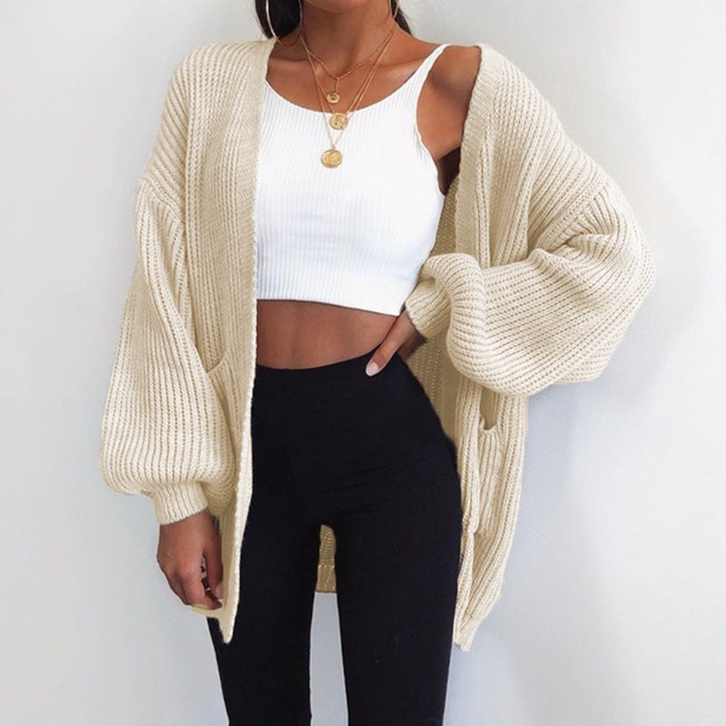 Ariane Casual Knit Cardigan with Pockets and Oversized in Beige