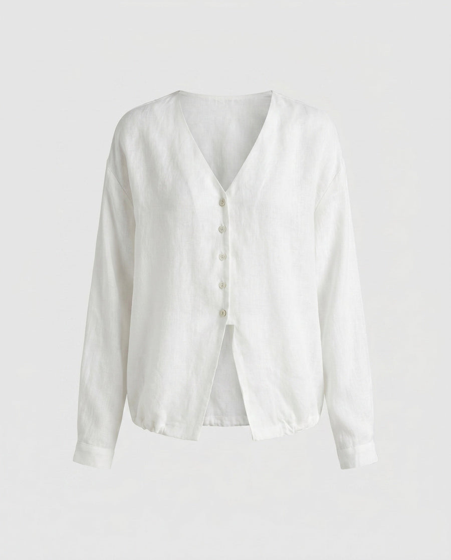 Ariane Casual Linen Blouse with Button Front in Beige