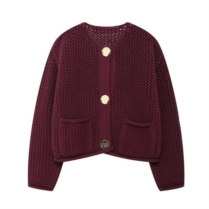 Arielle Airy Knit Cardigan with Pockets in Dark Red
