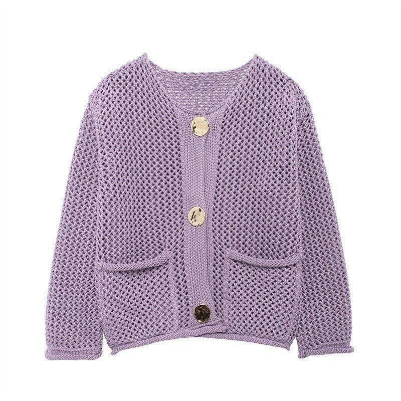 Arielle Airy Knit Cardigan with Pockets in Purple