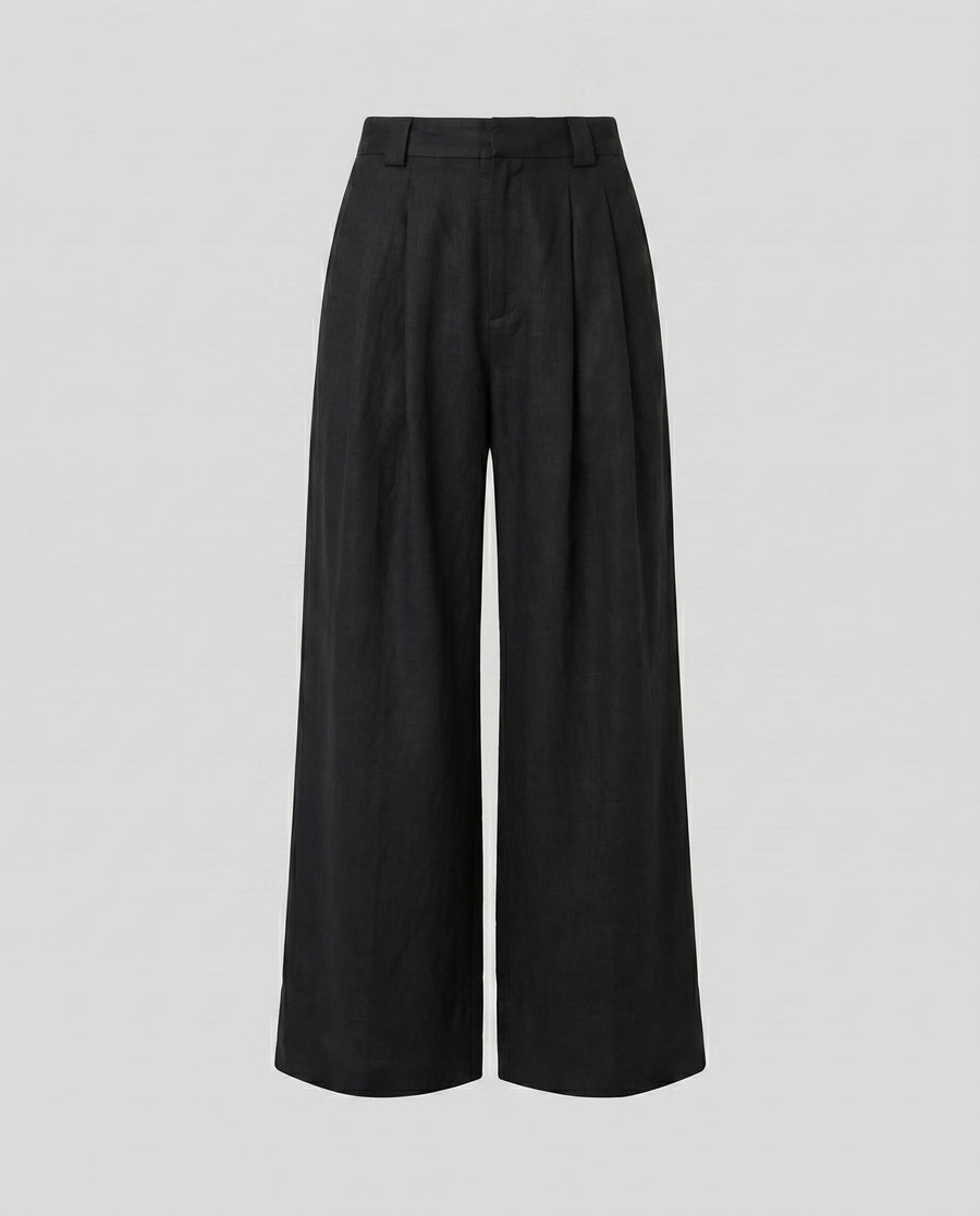 Arielle Elegant Linen Trousers with Side Pockets and Pockets in Black