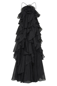 Asena Women's Long Ruffle Halter Dress in Black