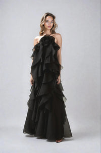 Asena Women's Long Ruffle Halter Dress in Black