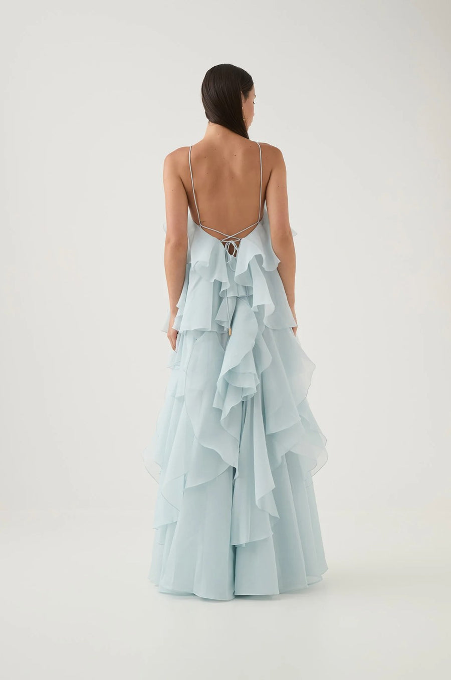 Asena Women's Long Ruffle Halter Dress in Blue