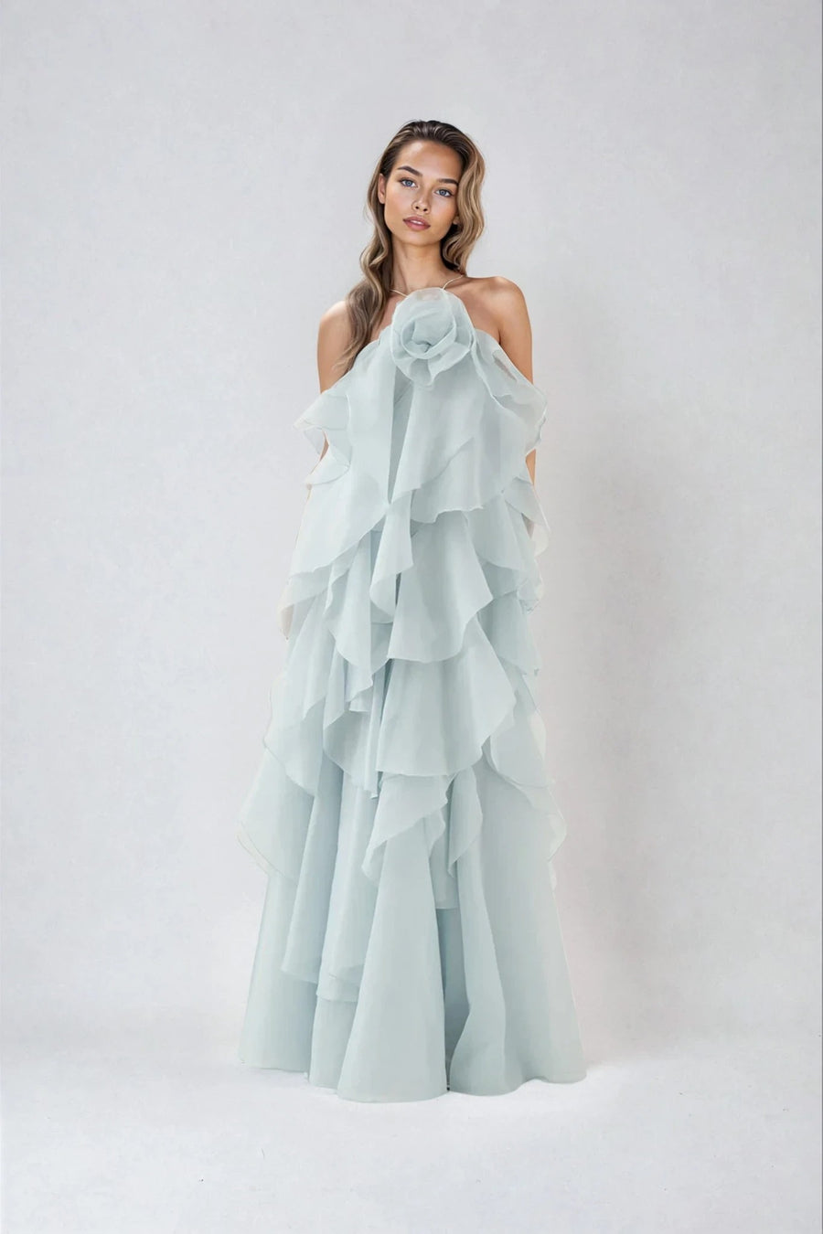 Asena Women's Long Ruffle Halter Dress in Blue