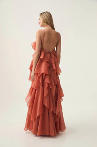 Asena Women's Long Ruffle Halter Dress in Coral