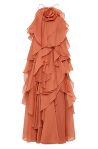 Asena Women's Long Ruffle Halter Dress in Coral