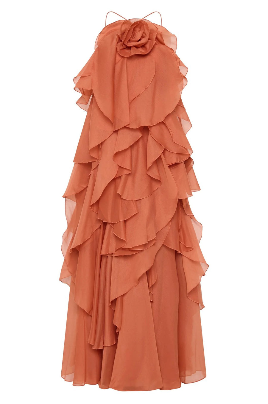 Asena Women's Long Ruffle Halter Dress in Coral