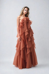 Asena Women's Long Ruffle Halter Dress in Coral