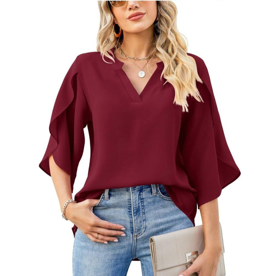 Asra Women's Split Sleeve Chiffon V-Neck Blouse in Bordeaux (Almost sold out)