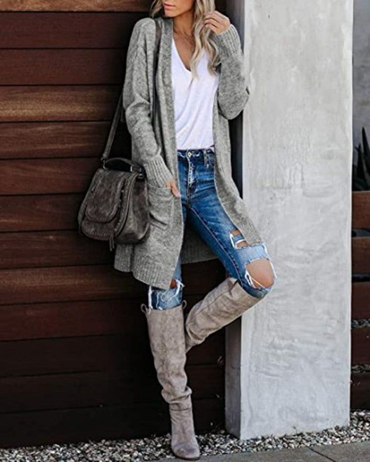 Astrid Casual Knit Cardigan with Pockets in Grey