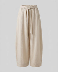 Astrid Linen Trousers with Elastic Waist and Pockets in Beige