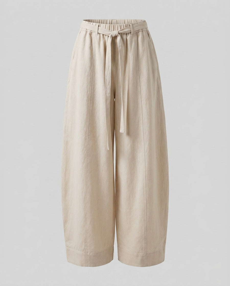 Astrid Linen Trousers with Elastic Waist and Pockets in Beige