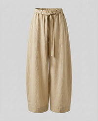 Astrid Linen Trousers with Elastic Waist and Pockets in Khaki