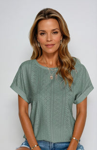 Astrid Women's Casual Eyelet Short Sleeve Top