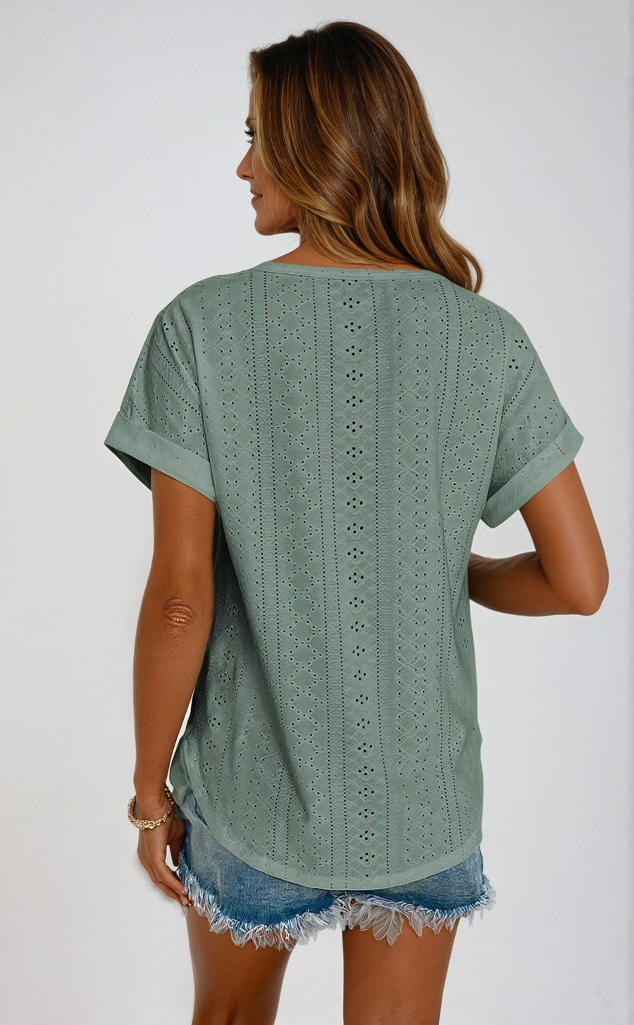 Astrid Women's Casual Eyelet Short Sleeve Top
