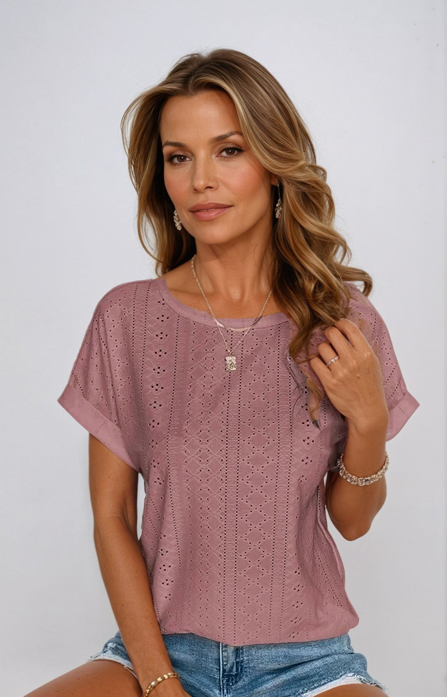 Astrid Women's Casual Eyelet Short Sleeve Top