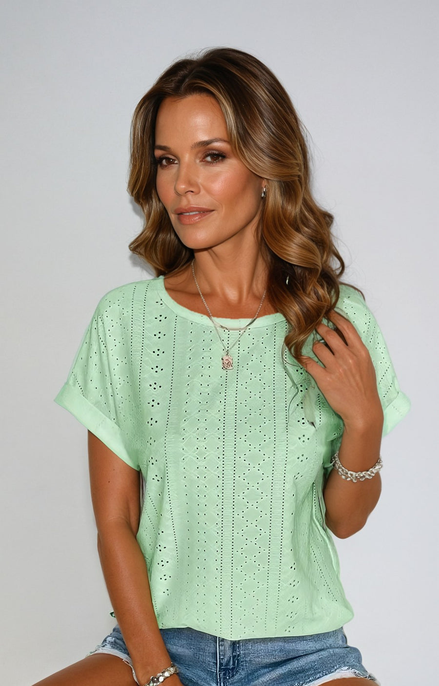 Astrid Women's Casual Eyelet Short Sleeve Top