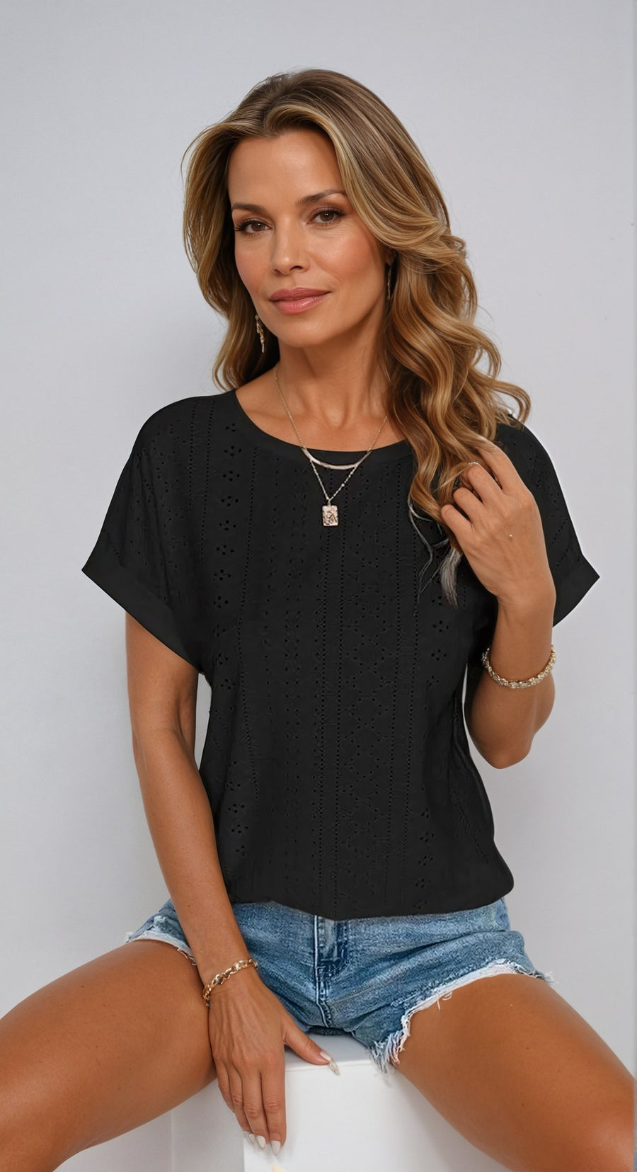 Astrid Women's Casual Eyelet Short Sleeve Top