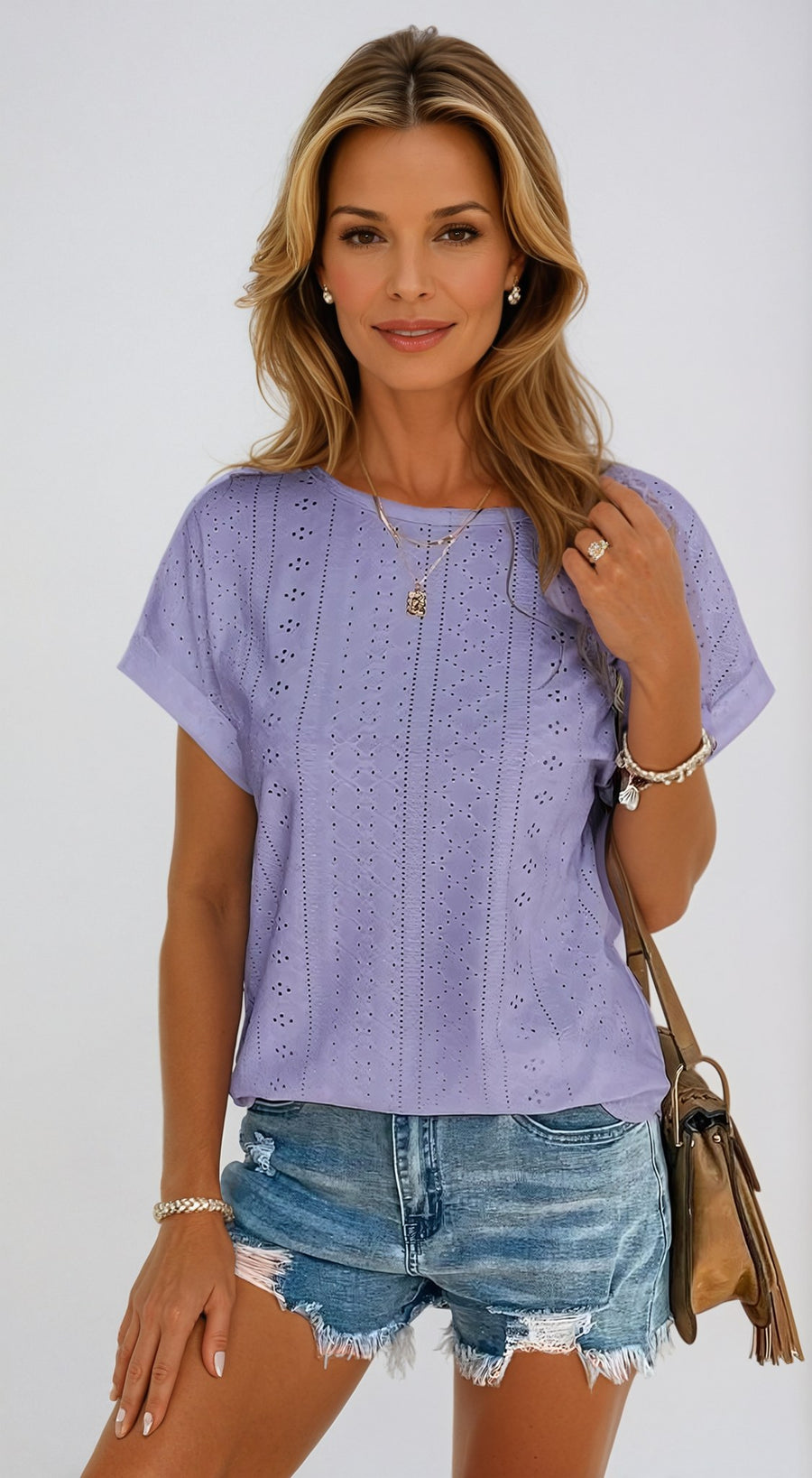 Astrid Women's Casual Eyelet Short Sleeve Top