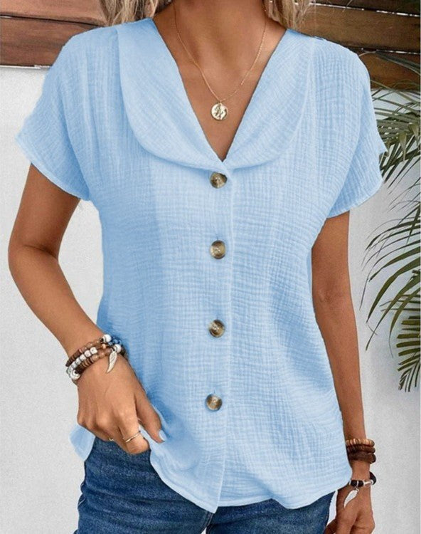 Aswen Women's Relaxed Fit Button-Down Summer Blouse in Blue