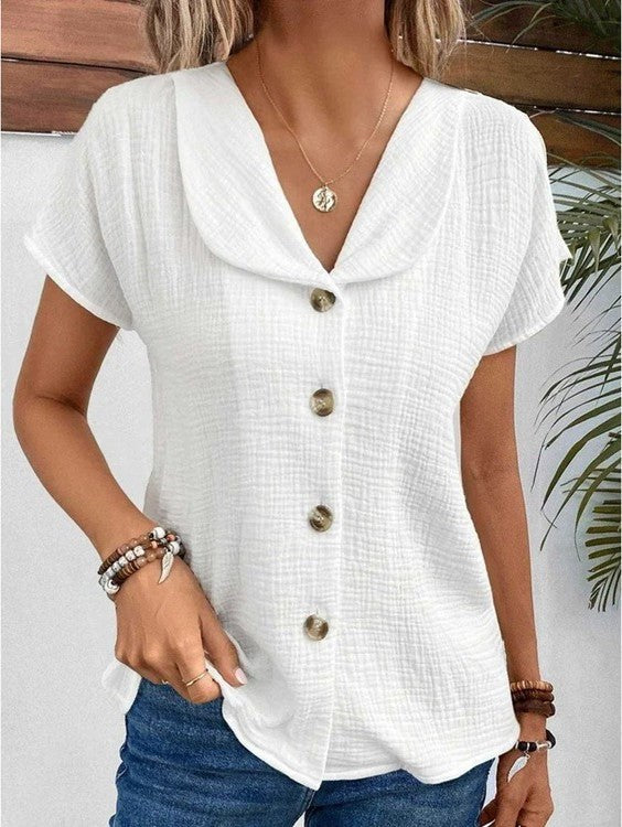 Aswen Women's Relaxed Fit Button-Down Summer Blouse in White