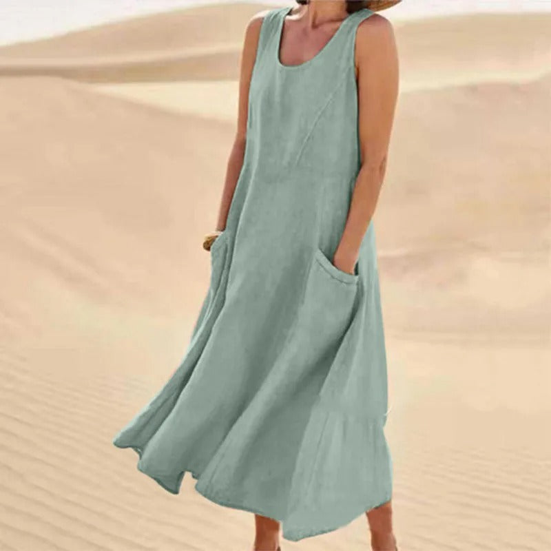 Nadira | Women's Sleeveless Relaxed Midi Dress with Pockets