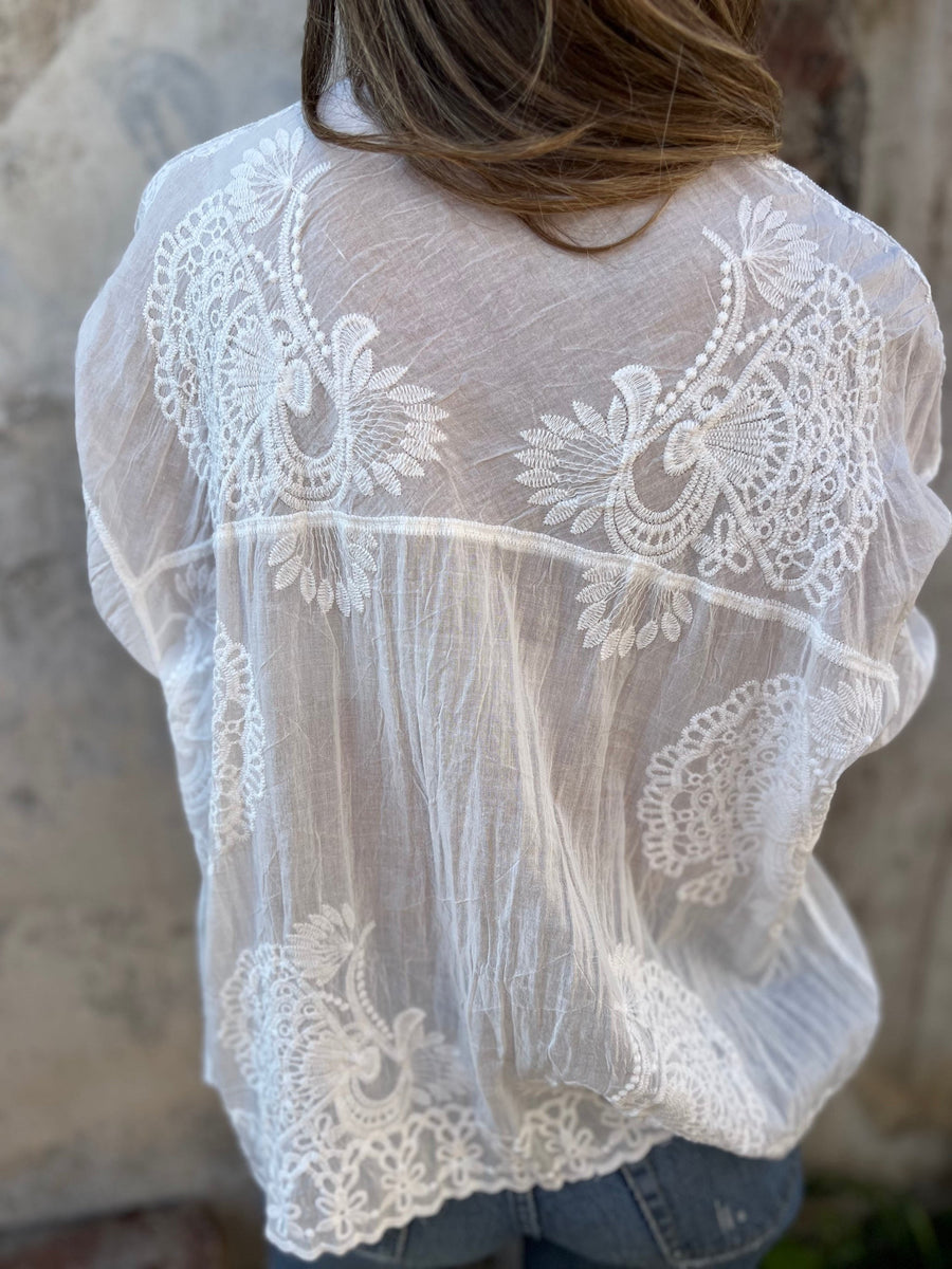 Audette - Elegant Embroidered Lace Blouse in White