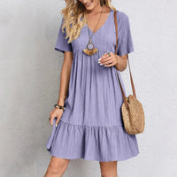 Audrey Trendy Boho Ruffle Hem Mini Dress in Purple