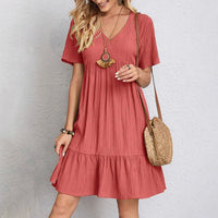 Audrey Trendy Boho Ruffle Hem Mini Dress in Red