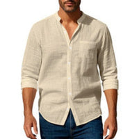 Augustin Linen Shirt with Stand Collar in Khaki